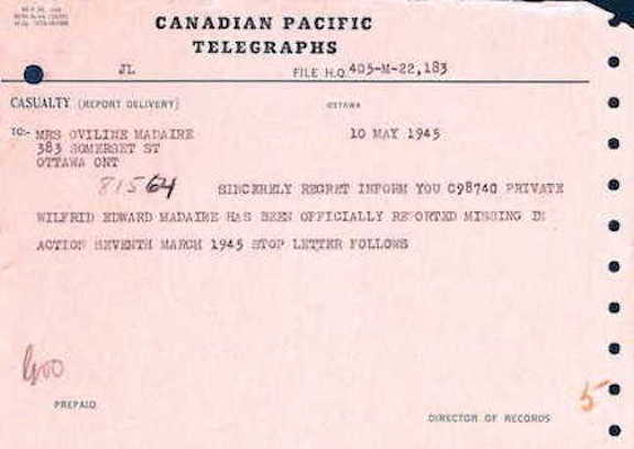Telegram Madaire missing May 1945